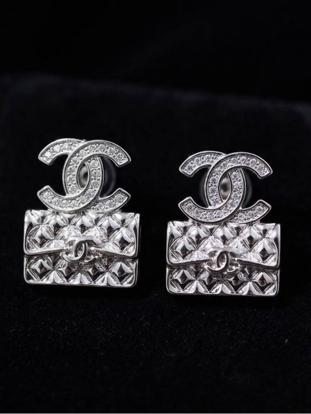 Silver Tone Quilted Bag & Lettered Stud Earrings